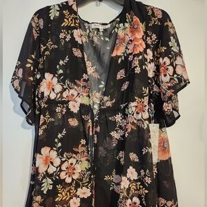 KontroL Contemporary Kimono Cover-up Black Peach Floral S Elastic Tie Waist Dark